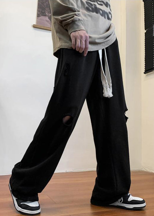 Black Pockets Cotton Spring Pants Elastic Waist