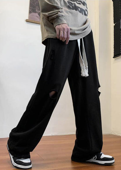 Black Pockets Cotton Spring Pants Elastic Waist