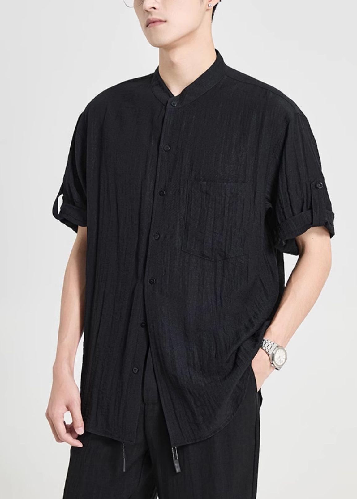 Black Pockets Cotton Shirts Stand Collar