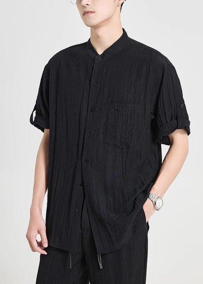 Black Pockets Cotton Shirts Stand Collar