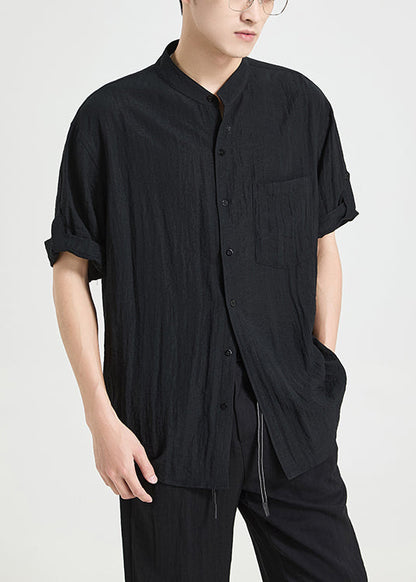 Black Pockets Cotton Shirts Stand Collar
