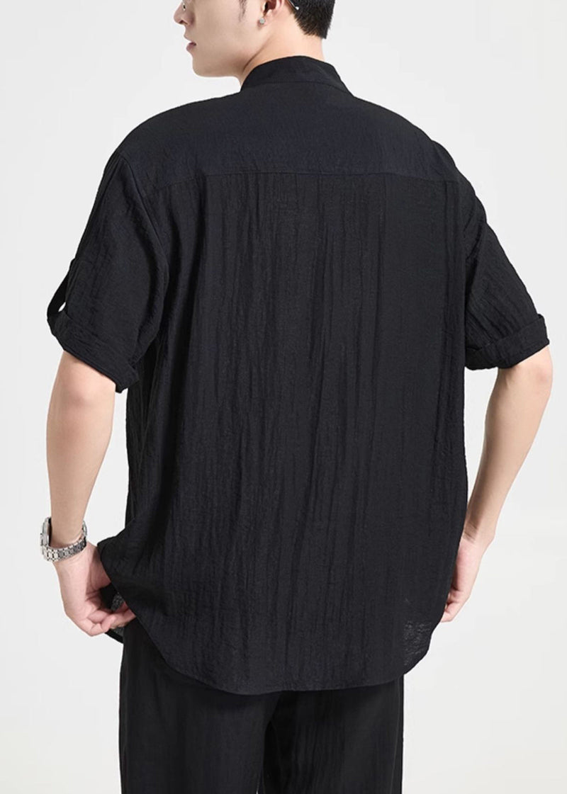 Black Pockets Cotton Shirts Stand Collar