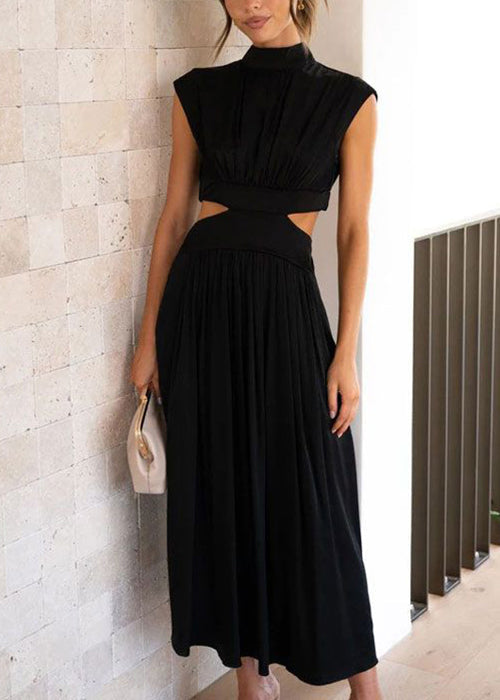 Black Pockets Cotton Summer Long Dresses Hollow Out