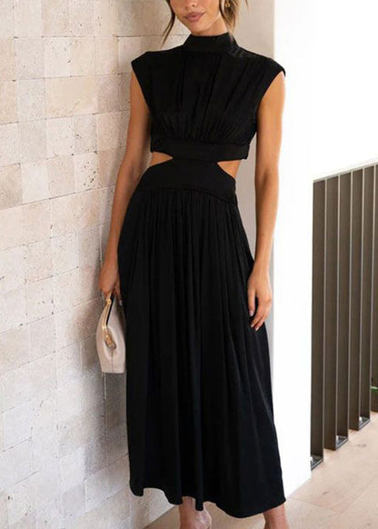 Black Pockets Cotton Summer Long Dresses Hollow Out