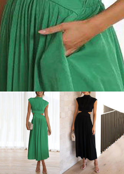 Black Pockets Cotton Summer Long Dresses Hollow Out