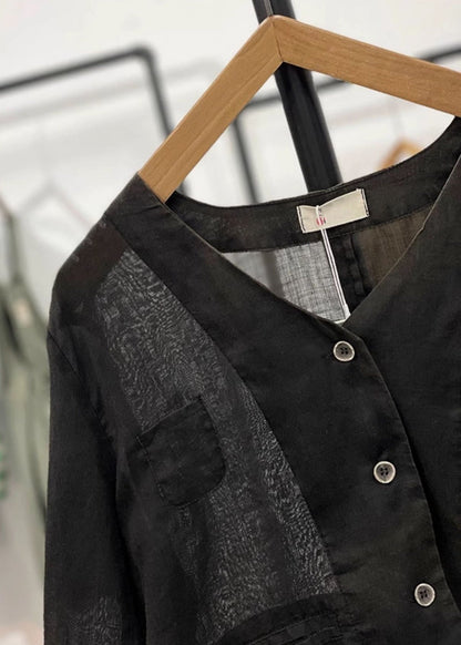 Black Pockets Linen Cardigan V Neck Long Sleeve