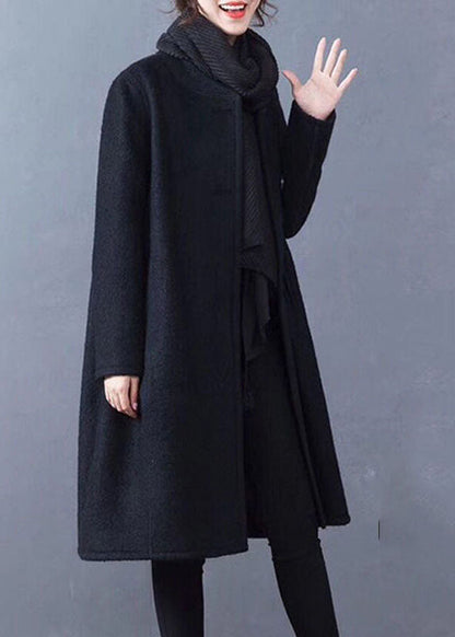 Black Pockets Woolen Coat Outwear O-neck Button Winter