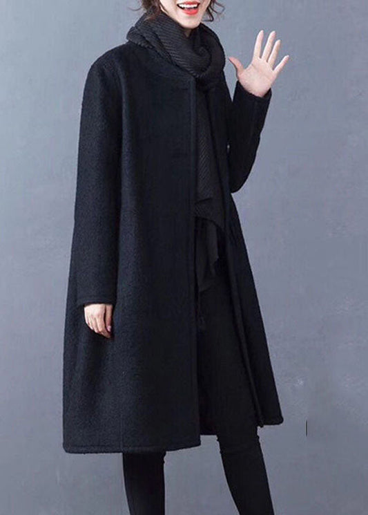 Black Pockets Woolen Coat Outwear O-neck Button Winter