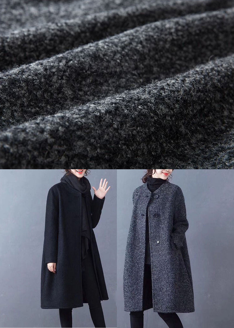 Black Pockets Woolen Coat Outwear O-neck Button Winter