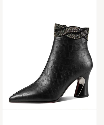 Black Pointed Toe Cowhide Leather Boots Splicing Zircon