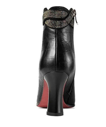 Black Pointed Toe Cowhide Leather Boots Splicing Zircon