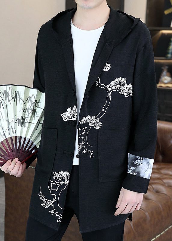 Black Print Button Hooded Coat Long Sleeve