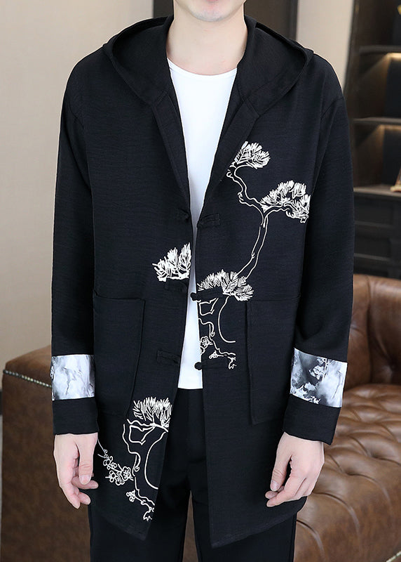 Black Print Button Hooded Coat Long Sleeve