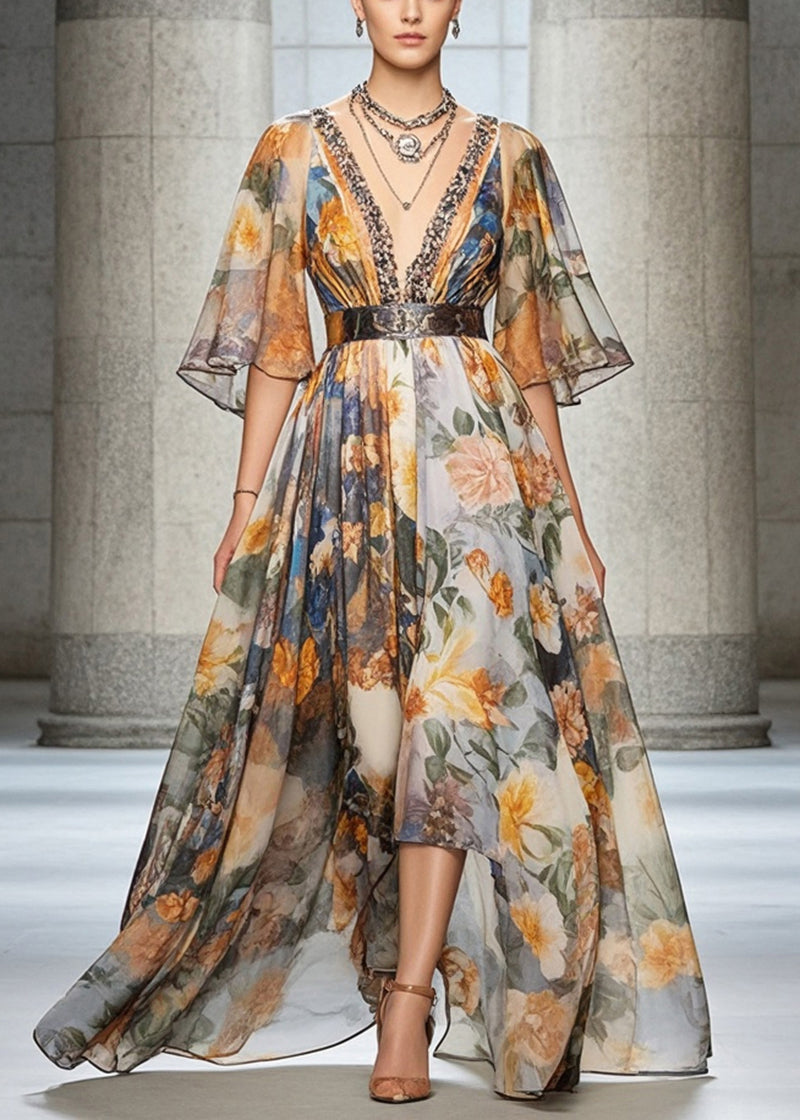 Black Print Chiffon Beach Dress Deep-v Neck Cinched Summer