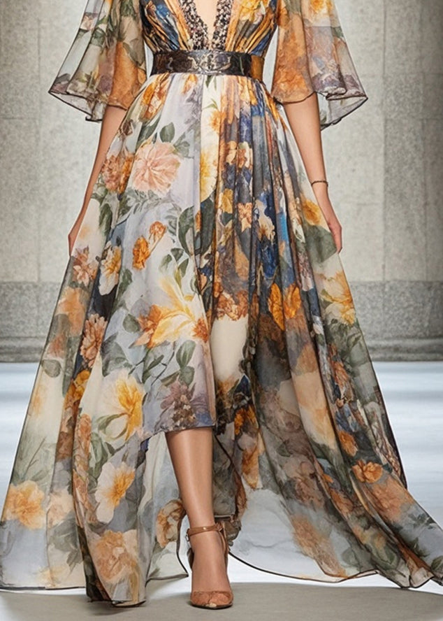 Black Print Chiffon Beach Dress Deep-v Neck Cinched Summer