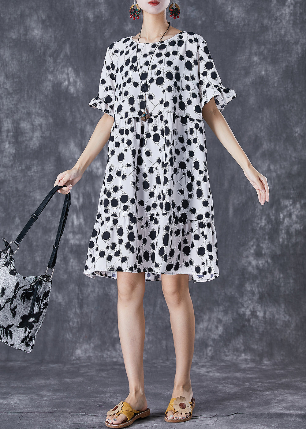 Black Print Chiffon Holiday Dresses O-neck Short Sleeve