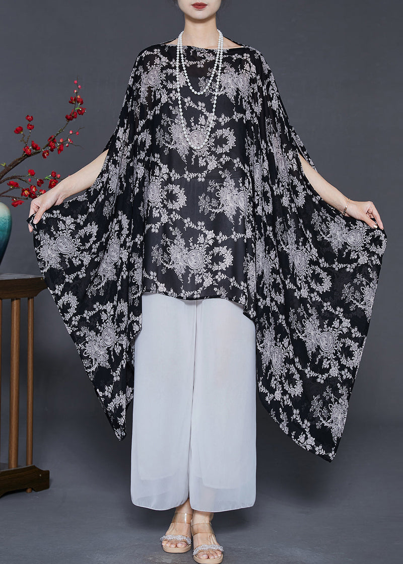 Black Print Chiffon Top Asymmetrical Design Summer