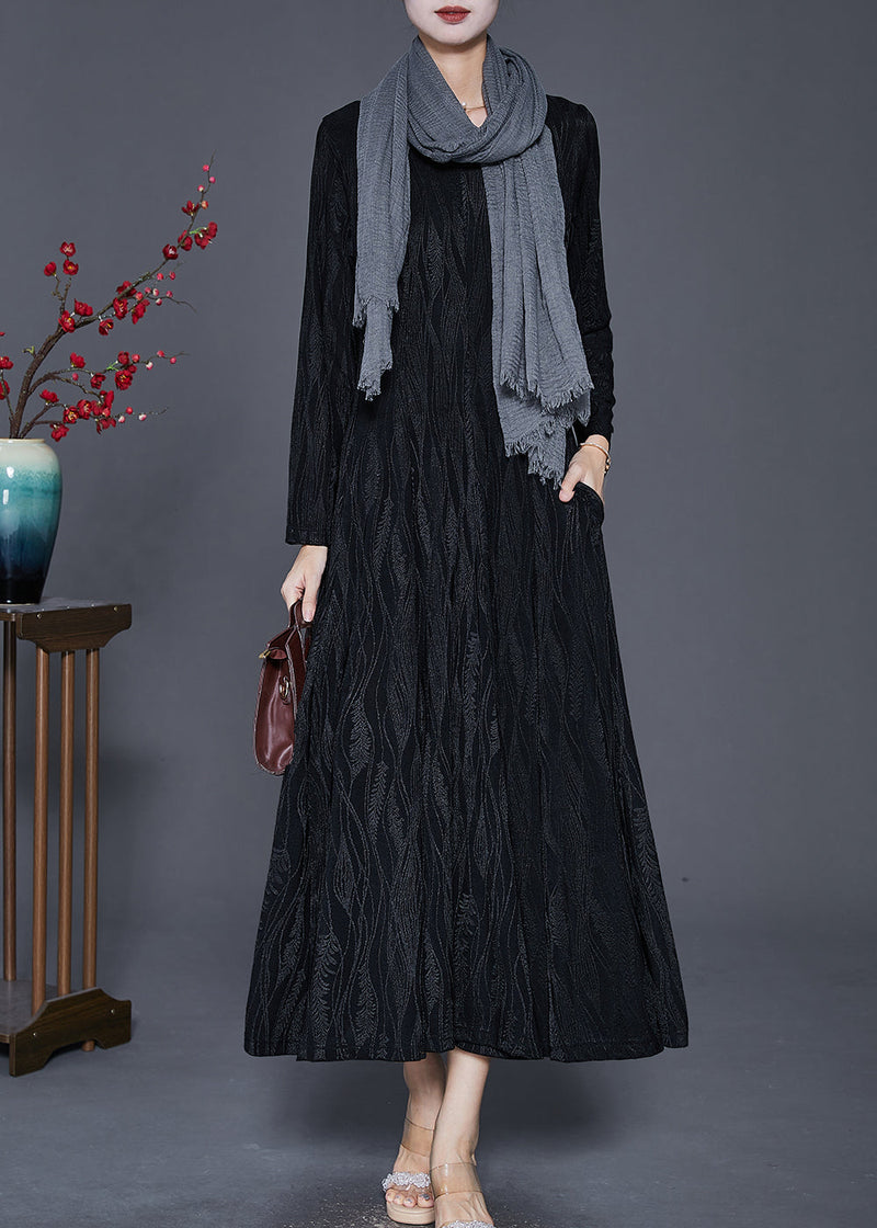 Black Print Cotton a Line Dress V Neck Silm Fit Spring