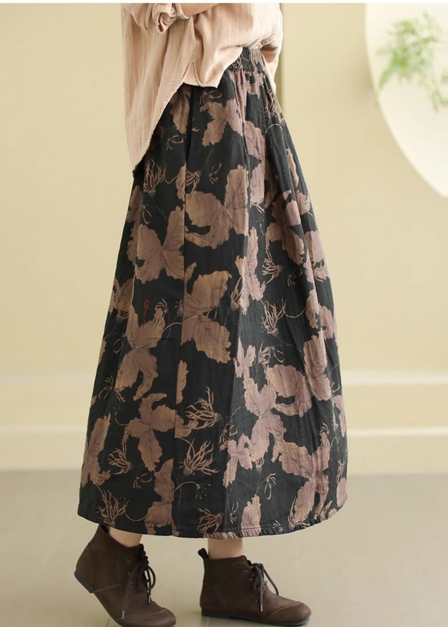 Black Print Cotton a Line Skirts Elastic Waist Spring