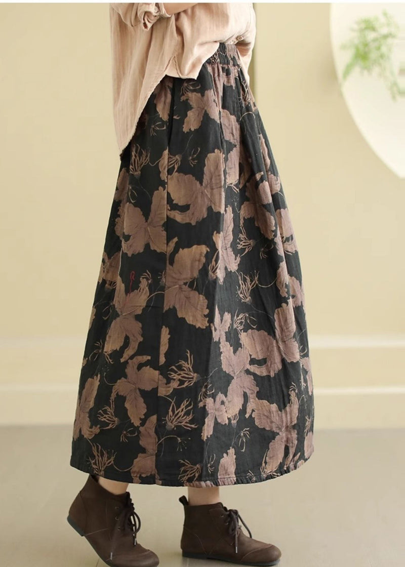 Black Print Cotton a Line Skirts Elastic Waist Spring
