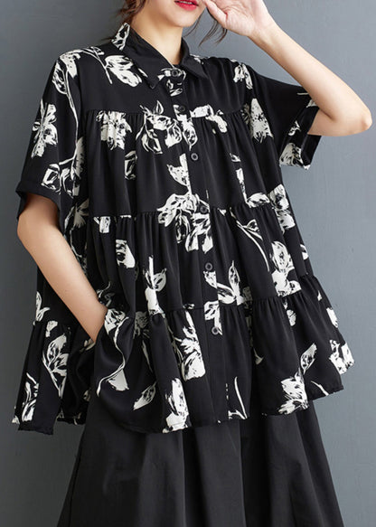Black Print Cotton a Line Tops Oversized Summer