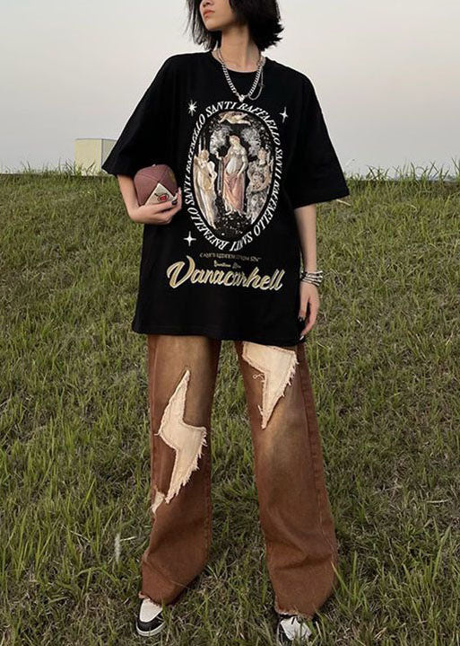 Black Print Cotton Tops T Shirt O Neck Summer