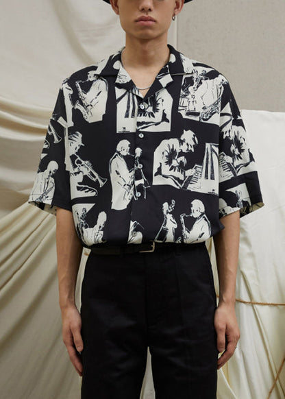 Black Print Cotton Shirt Peter Pan Collar Half Sleeve