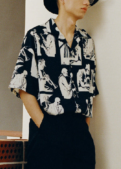 Black Print Cotton Shirt Peter Pan Collar Half Sleeve