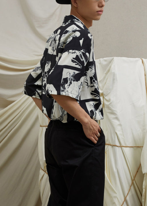 Black Print Cotton Shirt Peter Pan Collar Half Sleeve