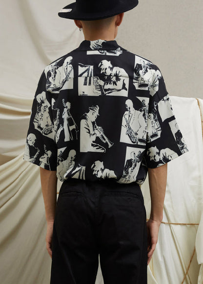 Black Print Cotton Shirt Peter Pan Collar Half Sleeve