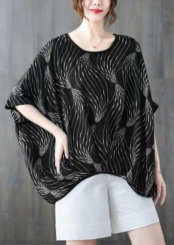 Black Print Cotton Tanks Wrinkled O-neck Batwing Sleeve