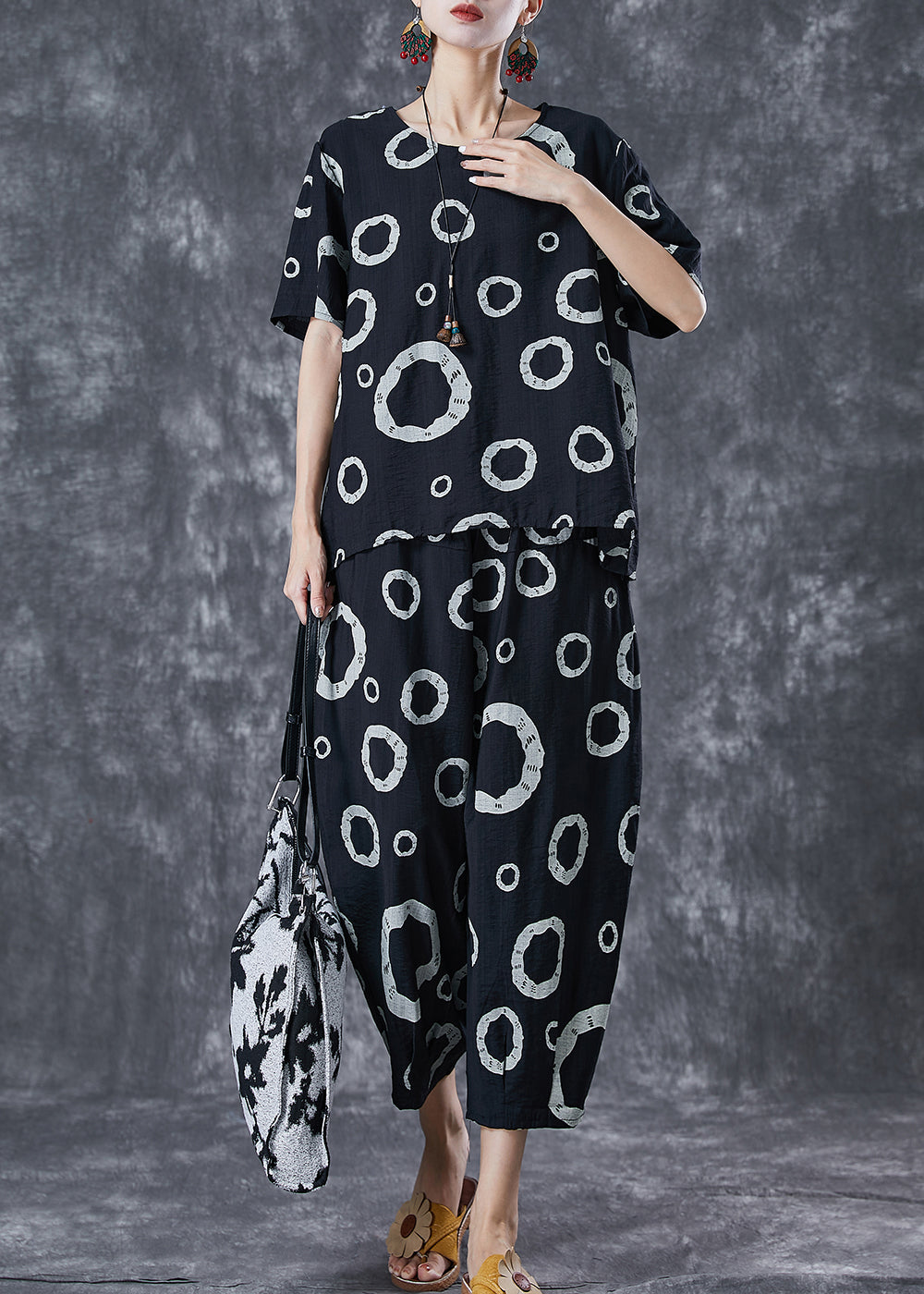 Black Print Cotton Tops and Pants Two Pieces Set Oversized Summer