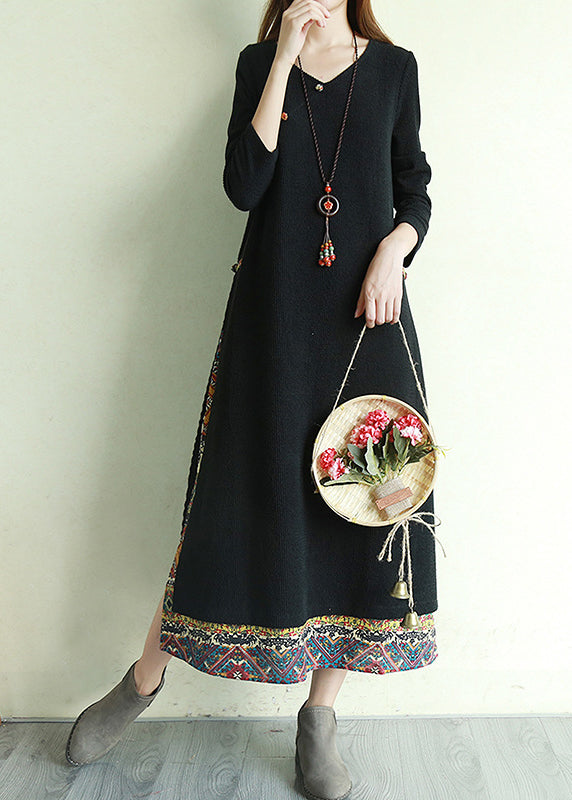 Black Print Fake Two Long Dress Side Open Long Sleeve