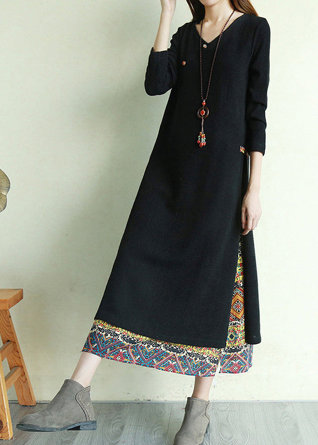 Black Print Fake Two Long Dress Side Open Long Sleeve