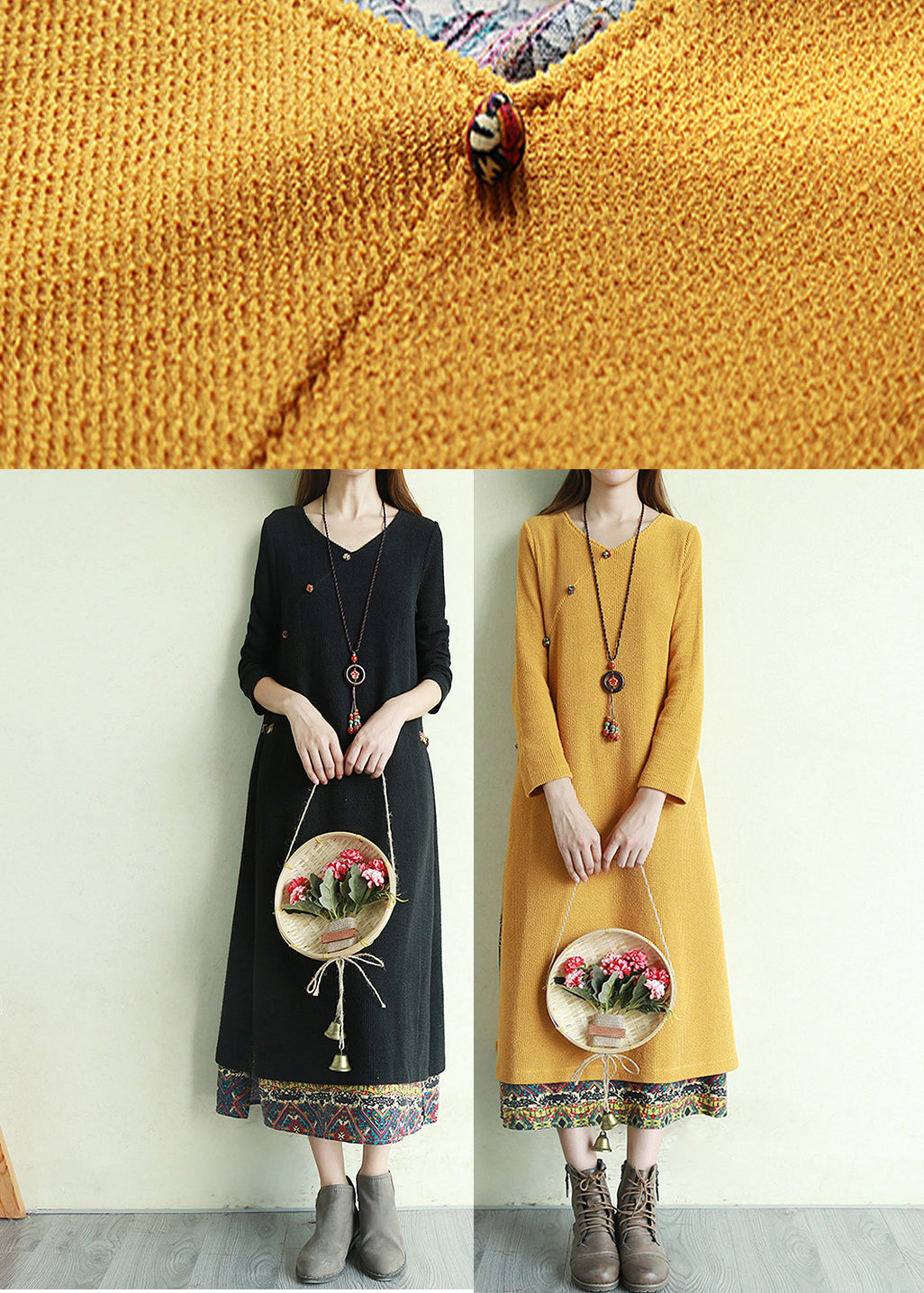 Black Print Fake Two Long Dress Side Open Long Sleeve