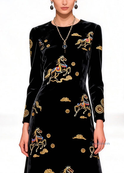 Black Print Horse Silk Velvet Long Dress O-neck Spring