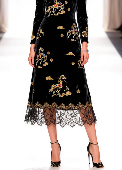 Black Print Horse Silk Velvet Long Dress O-neck Spring
