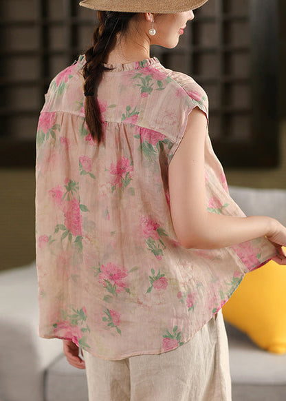 Black Print Linen Beach Vest Ruffled Sleeveless