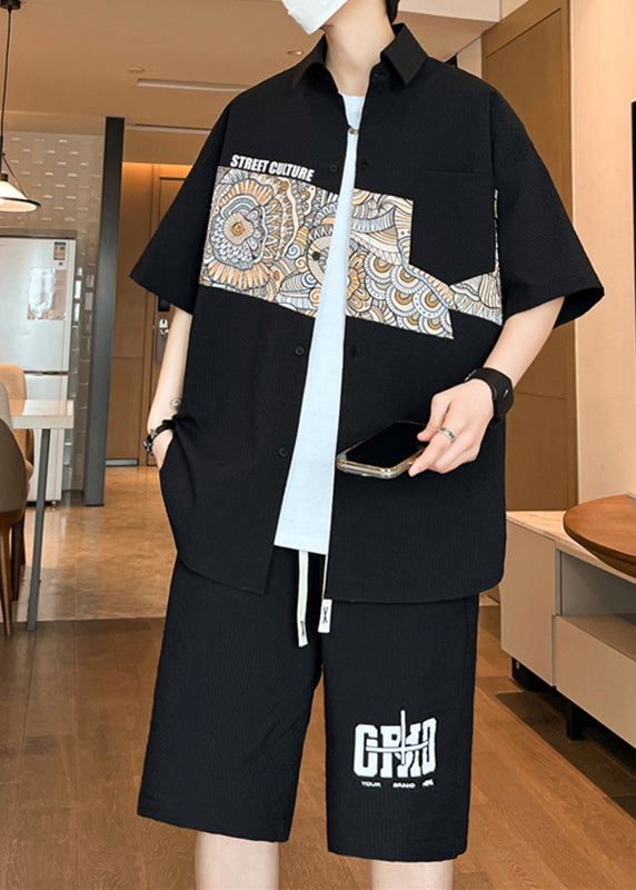 Black Print Patchwork Button Shirts and Shorts Two Piece Set Short Sleeve