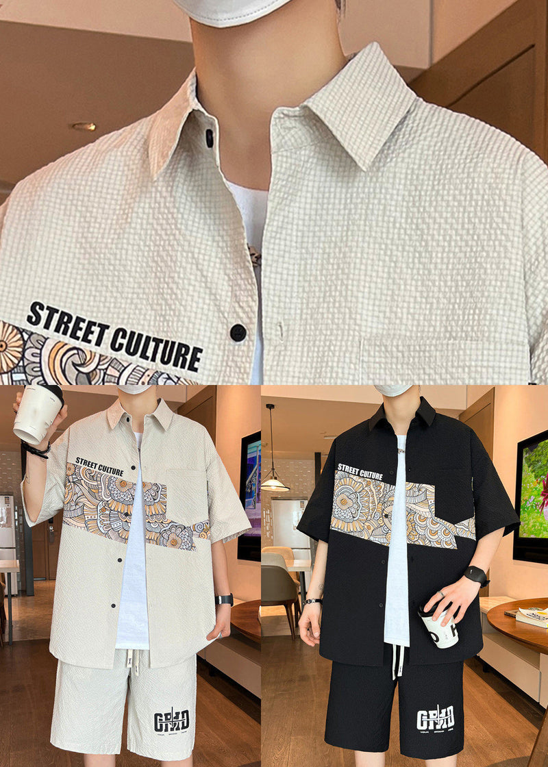 Black Print Patchwork Button Shirts and Shorts Two Piece Set Short Sleeve