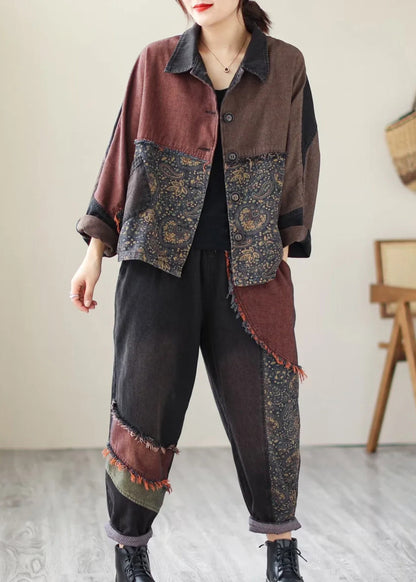 Black Print Patchwork Coats and Pants Denim Two Piece Suit Set Fall