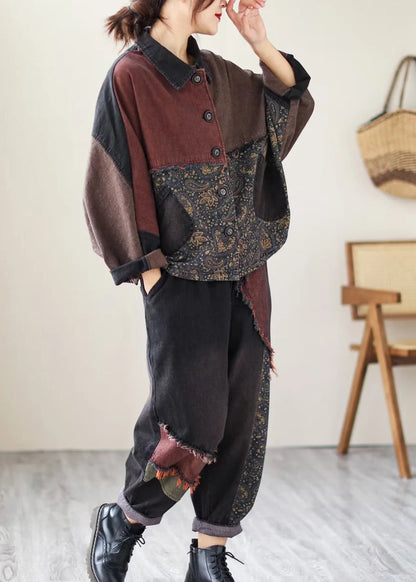 Black Print Patchwork Coats and Pants Denim Two Piece Suit Set Fall
