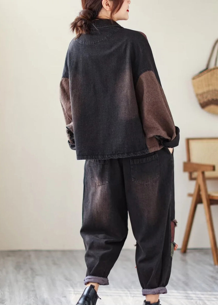 Black Print Patchwork Coats and Pants Denim Two Piece Suit Set Fall