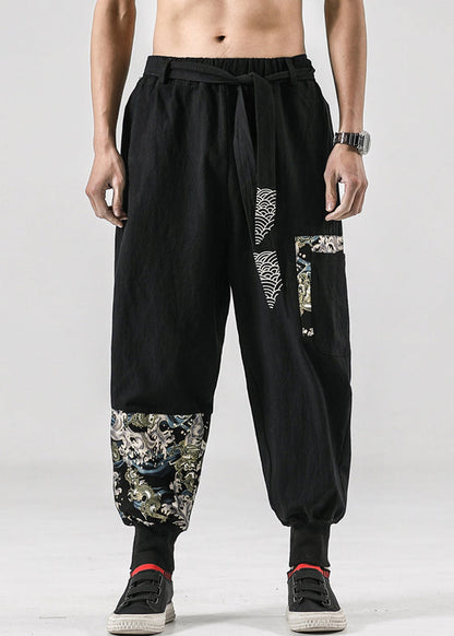 Black Print Patchwork Cotton Beam Pants Elastic Waist Summer
