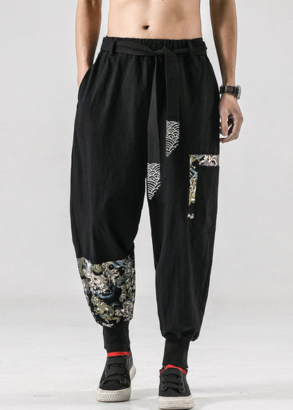 Black Print Patchwork Cotton Beam Pants Elastic Waist Summer