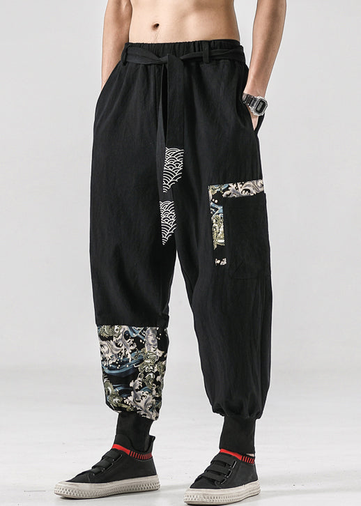 Black Print Patchwork Cotton Beam Pants Elastic Waist Summer