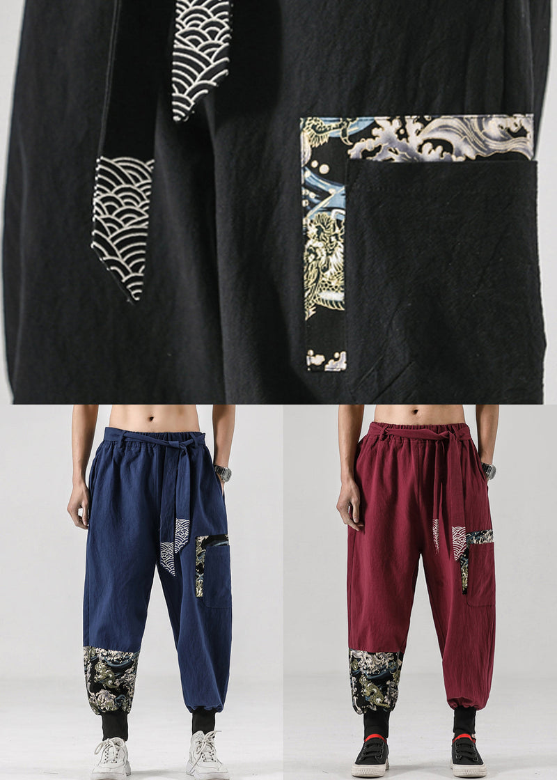 Black Print Patchwork Cotton Beam Pants Elastic Waist Summer