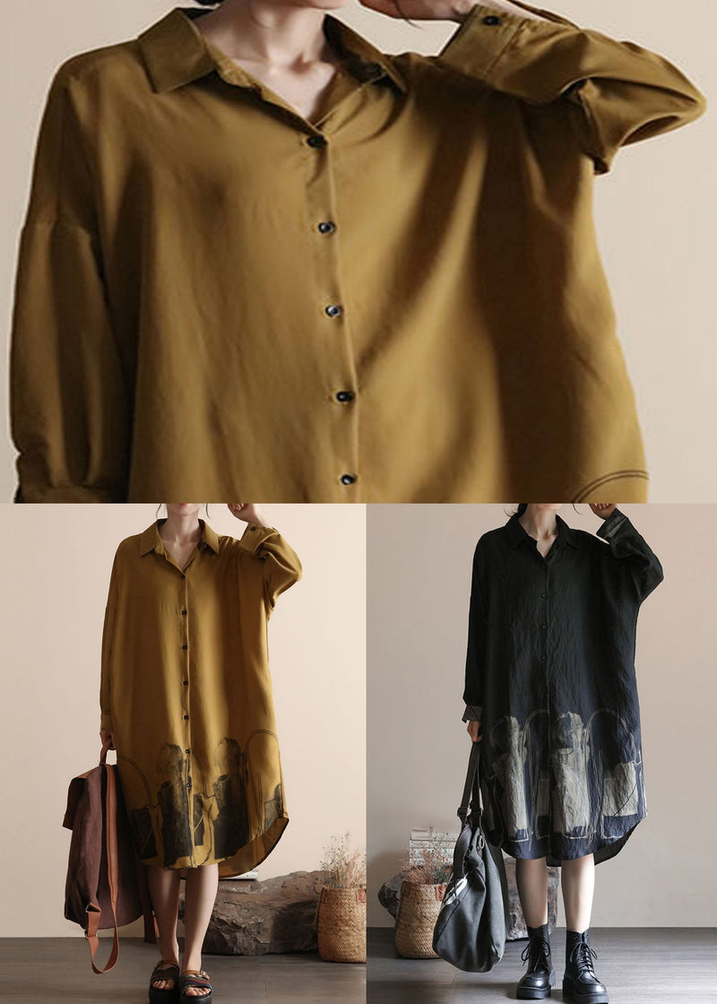 Black Print Patchwork Linen Shirts Dress Peter Pan Collar Spring