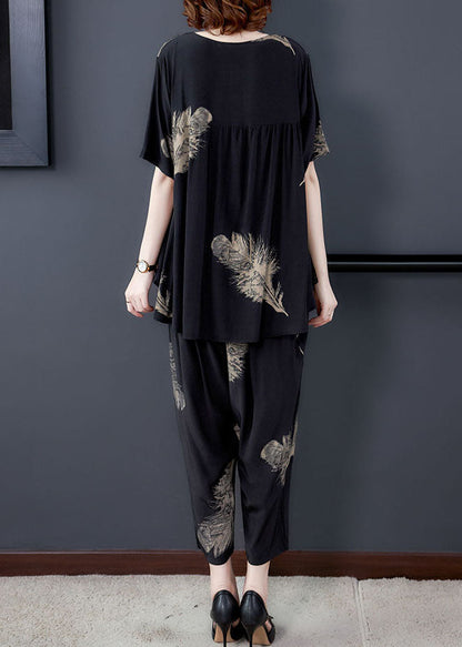 Black Print Patchwork Tops and Pants Cotton Two Pieces Set O-neck Summer
