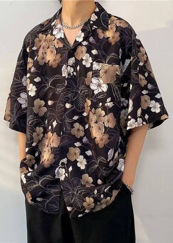 Black Print Pockets Cotton Shirts Peter Pan Collar Half Sleeve